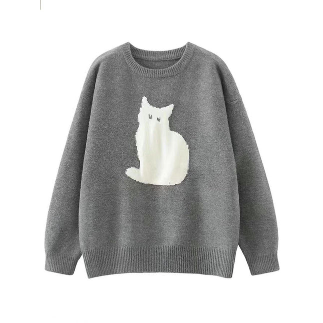 Womens Cute Cat Sweater Casual Knit Crew Neck Long Sleeve Pullover Tops