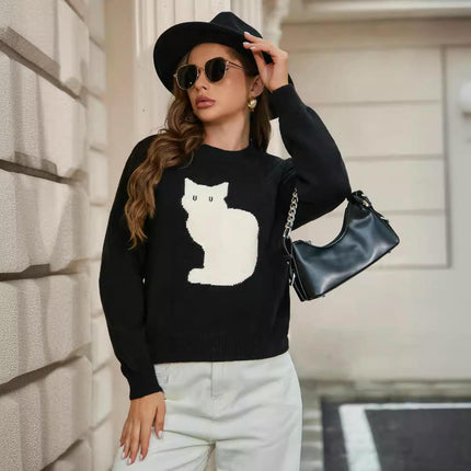 Womens Cute Cat Sweater Casual Knit Crew Neck Long Sleeve Pullover Tops