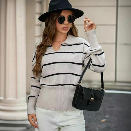 Womens Fall Long Sleeve Lapel Stripe Sweaters Knit Pullover Tops