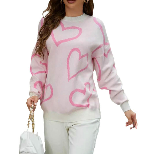 Heart Sweaters for Women Casual Crewneck Long Sleeve Knit Pullover Tops