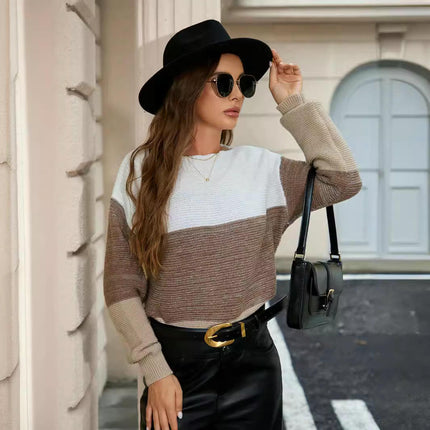 Women's Fall Long Sleeve Boat Neck Color Block Knitted Pullover Sweater