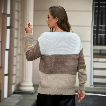 Women's Fall Long Sleeve Boat Neck Color Block Knitted Pullover Sweater