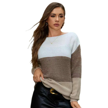 Women's Fall Long Sleeve Boat Neck Color Block Knitted Pullover Sweater