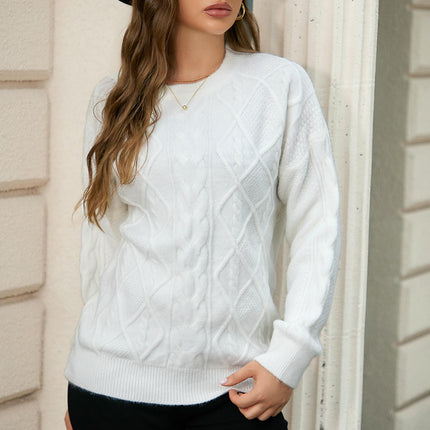 Women's Crew Neck Long Sleeve Cable Knit Casual Pullover Sweater