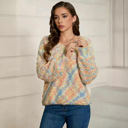 Womens Fall Long Sleeve V Neck Knit Sweater Color Block Pullover Tops