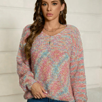 Womens Fall Long Sleeve V Neck Knit Sweater Color Block Pullover Tops