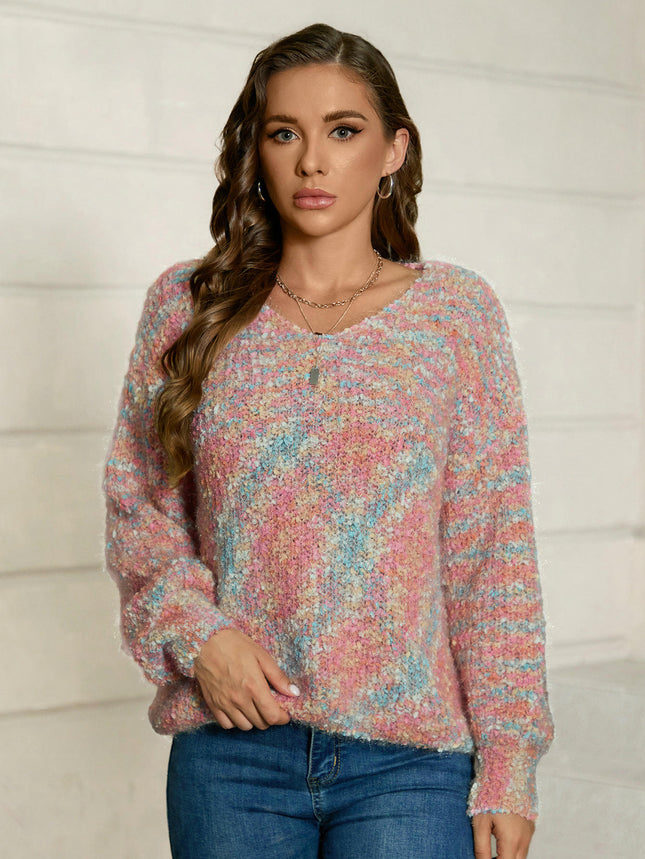 Womens Fall Long Sleeve V Neck Knit Sweater Color Block Pullover Tops