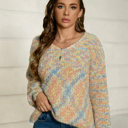 Womens Fall Long Sleeve V Neck Knit Sweater Color Block Pullover Tops
