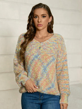 Womens Fall Long Sleeve V Neck Knit Sweater Color Block Pullover Tops