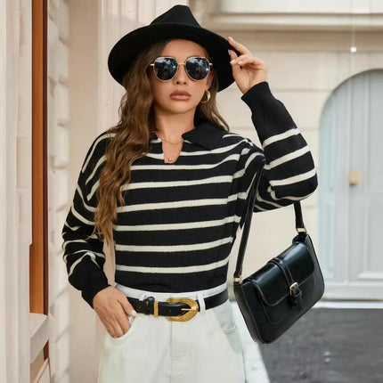 Womens Striped Sweaters Lapel V Neck Long Sleeve Knitted Pullover Tops