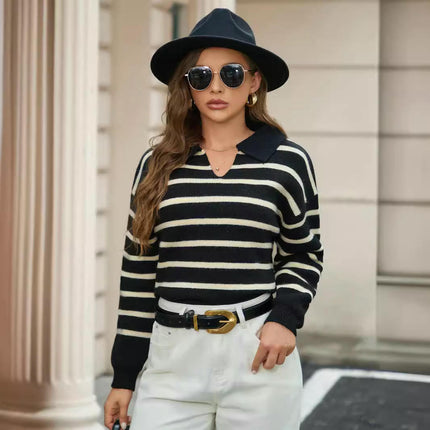 Womens Striped Sweaters Lapel V Neck Long Sleeve Knitted Pullover Tops