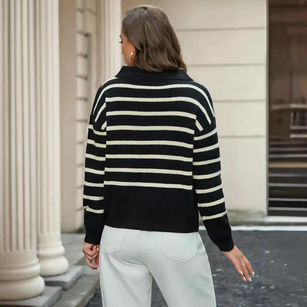 Womens Striped Sweaters Lapel V Neck Long Sleeve Knitted Pullover Tops