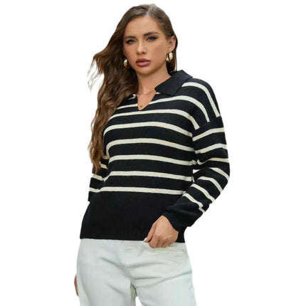 Womens Striped Sweaters Lapel V Neck Long Sleeve Knitted Pullover Tops