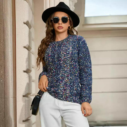 Women's Fall Long Sleeve Crew Neck Color Point Knit Casual Pullover Sweater Tops