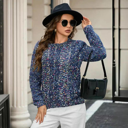 Women's Fall Long Sleeve Crew Neck Color Point Knit Casual Pullover Sweater Tops