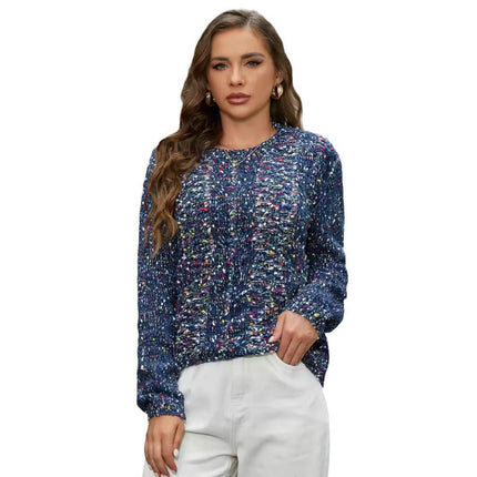Women's Fall Long Sleeve Crew Neck Color Point Knit Casual Pullover Sweater Tops