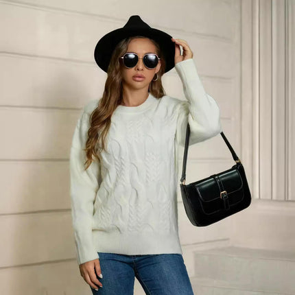 Women's Long Sleeve Cable Sweater Crew Neck Casual Fall Knit Pullover Tops