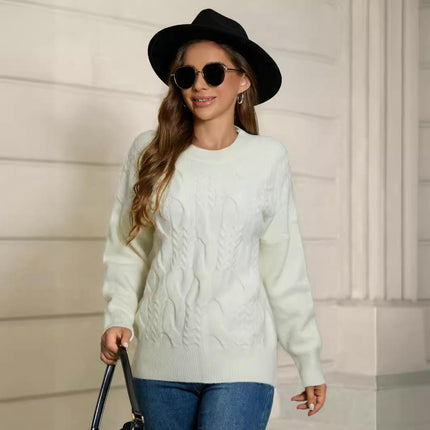 Women's Long Sleeve Cable Sweater Crew Neck Casual Fall Knit Pullover Tops