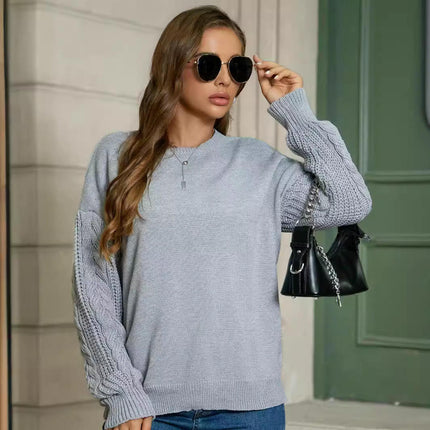 Women's Fall Long Sleeve Crew Neck Solid Color Cable Knit Pullover Sweater Tops
