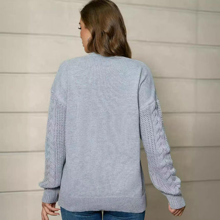 Women's Fall Long Sleeve Crew Neck Solid Color Cable Knit Pullover Sweater Tops