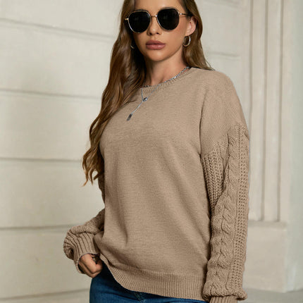 Women's Fall Long Sleeve Crew Neck Solid Color Cable Knit Pullover Sweater Tops
