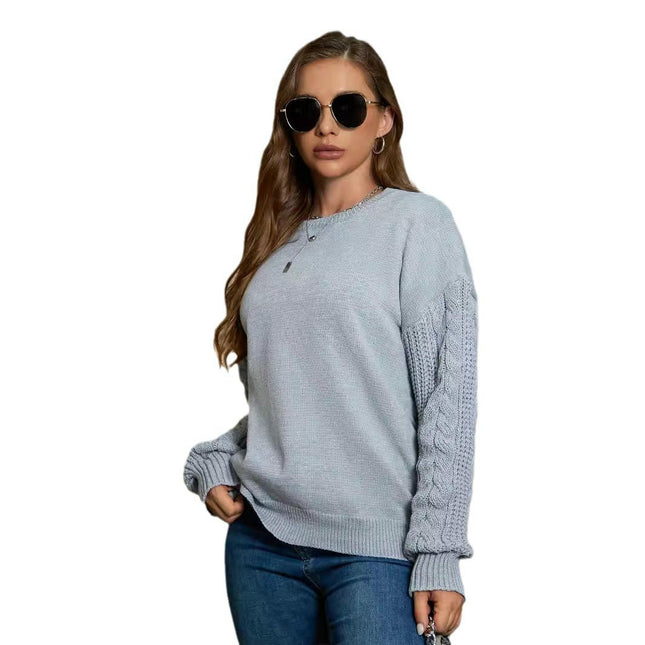 Women's Fall Long Sleeve Crew Neck Solid Color Cable Knit Pullover Sweater Tops