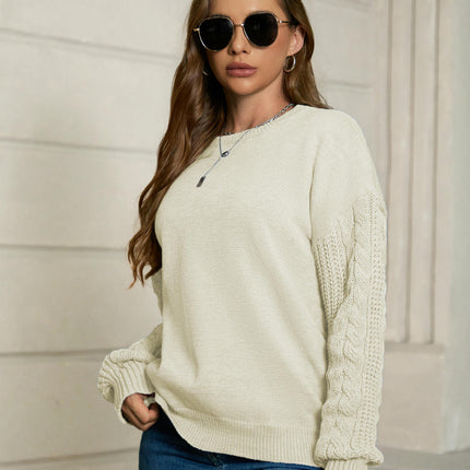 Women's Fall Long Sleeve Crew Neck Solid Color Cable Knit Pullover Sweater Tops