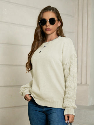 Women's Fall Long Sleeve Crew Neck Solid Color Cable Knit Pullover Sweater Tops