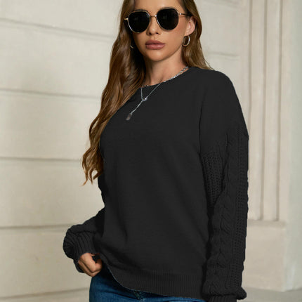 Women's Fall Long Sleeve Crew Neck Solid Color Cable Knit Pullover Sweater Tops