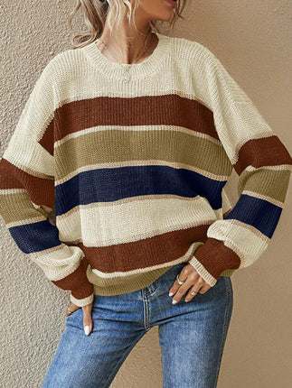 Womens Striped Oversized Sweater Crew Neck Long Sleeve Knitted Pullover Top