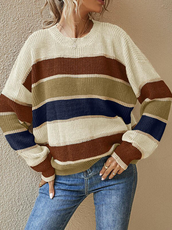 Womens Striped Oversized Sweater Crew Neck Long Sleeve Knitted Pullover Top
