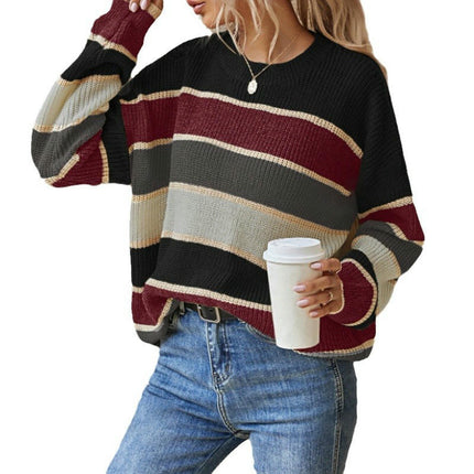 Womens Striped Oversized Sweater Crew Neck Long Sleeve Knitted Pullover Top