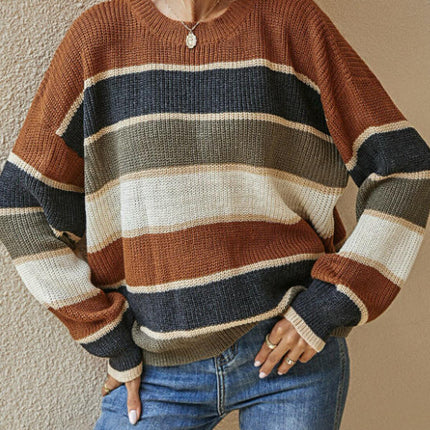 Womens Striped Oversized Sweater Crew Neck Long Sleeve Knitted Pullover Top