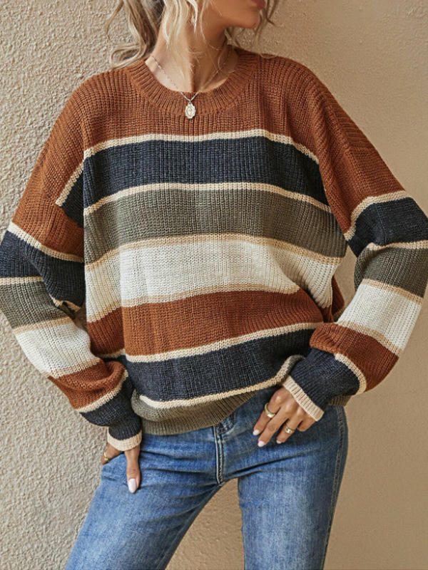 Womens Striped Oversized Sweater Crew Neck Long Sleeve Knitted Pullover Top