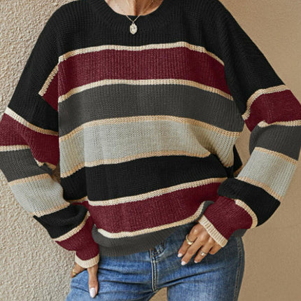 Womens Striped Oversized Sweater Crew Neck Long Sleeve Knitted Pullover Top