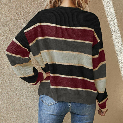 Womens Striped Oversized Sweater Crew Neck Long Sleeve Knitted Pullover Top