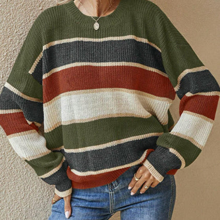 Womens Striped Oversized Sweater Crew Neck Long Sleeve Knitted Pullover Top