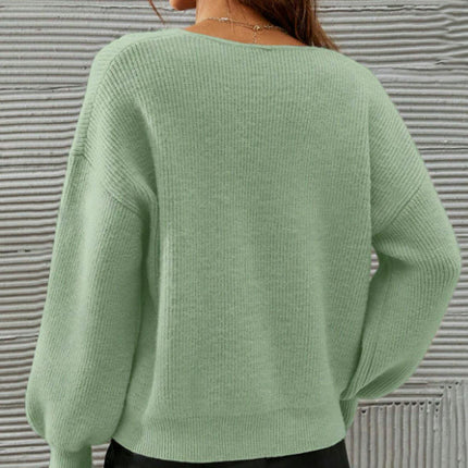 Women's Fall Long Sleeve V Neck Tops Casual Drop Shoulder Knit Pullover Sweater