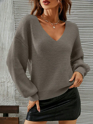 Women's Fall Long Sleeve V Neck Tops Casual Drop Shoulder Knit Pullover Sweater