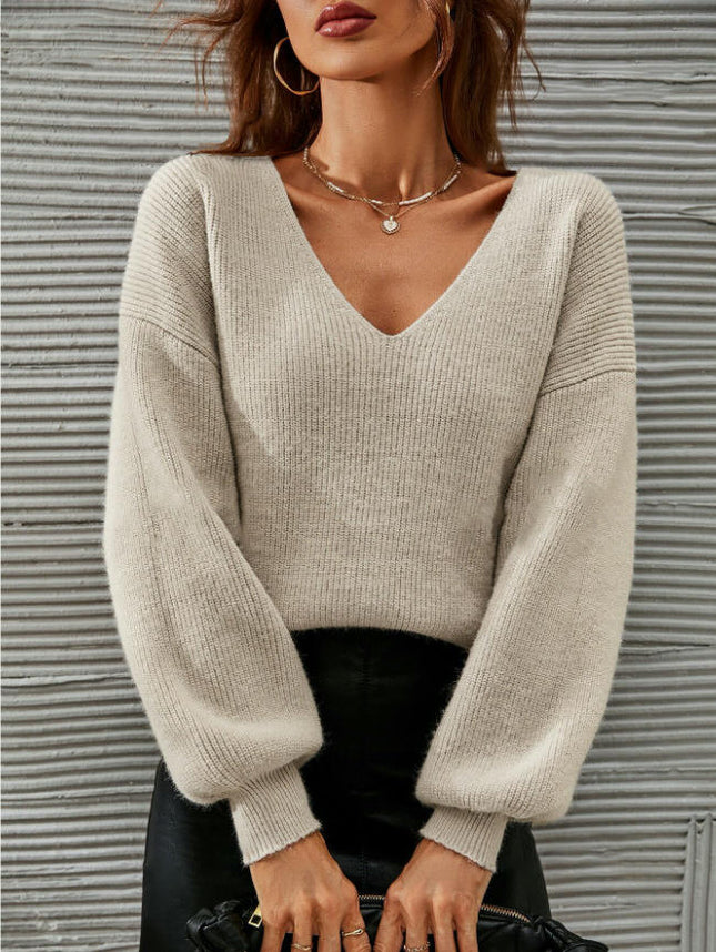 Women's Fall Long Sleeve V Neck Tops Casual Drop Shoulder Knit Pullover Sweater