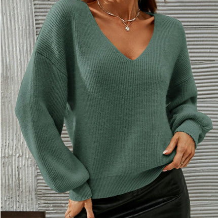 Women's Fall Long Sleeve V Neck Tops Casual Drop Shoulder Knit Pullover Sweater