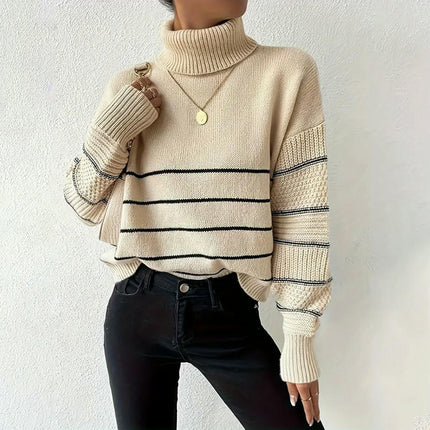 Sweaters for Women Long Sleeve Turtleneck Knit Striped Pullover Jumpers Tops