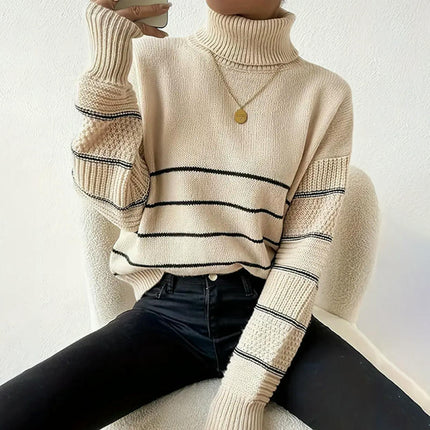 Sweaters for Women Long Sleeve Turtleneck Knit Striped Pullover Jumpers Tops