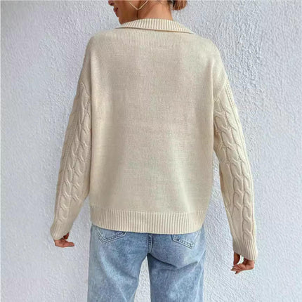 Women's Long Sleeve V Neck Collared Cable Knit Sweater Fall Pullover Top