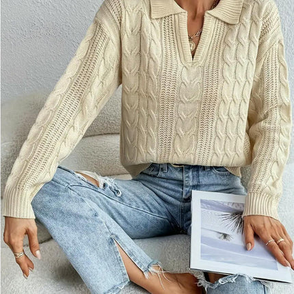 Women's Long Sleeve V Neck Collared Cable Knit Sweater Fall Pullover Top