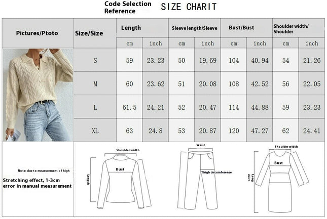 Women's Long Sleeve V Neck Collared Cable Knit Sweater Fall Pullover Top