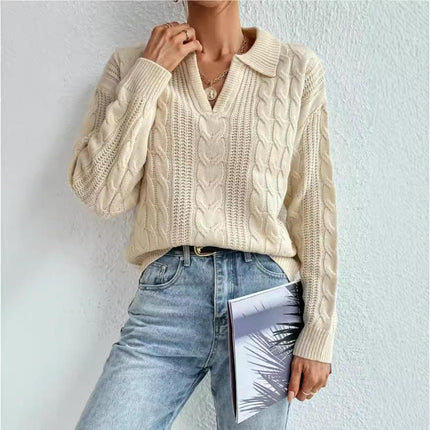 Women's Long Sleeve V Neck Collared Cable Knit Sweater Fall Pullover Top