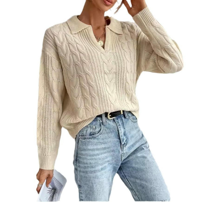 Women's Long Sleeve V Neck Collared Cable Knit Sweater Fall Pullover Top