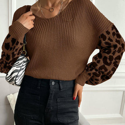 Womens Knitted V Neck Sweaters Leopard Long Sleeve Pullover Sweater