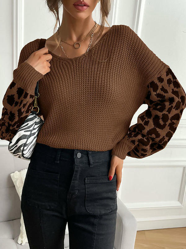 Womens Knitted V Neck Sweaters Leopard Long Sleeve Pullover Sweater
